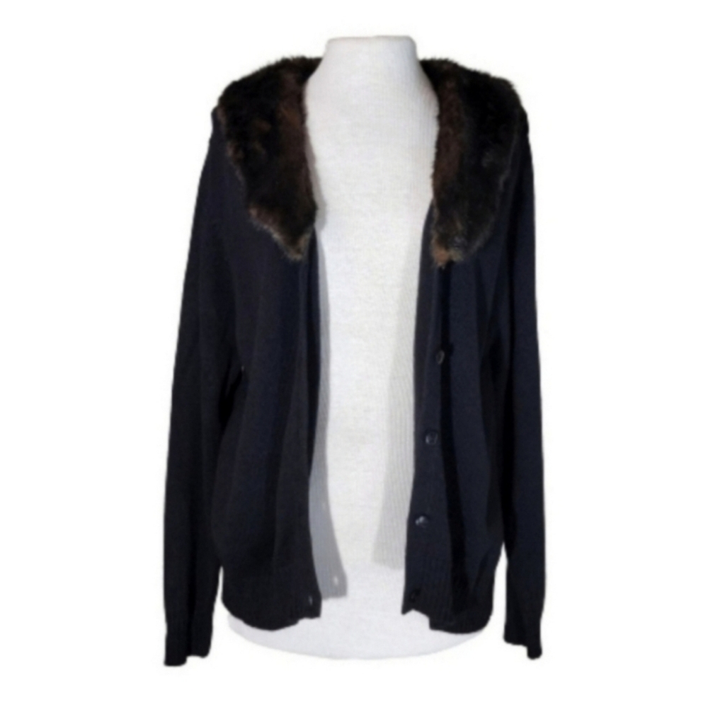 Kathie Lee Faux Cardigan Vintage Faux Fur Collar Sleeveless Knit Brown Size M… - Picture 11 of 17